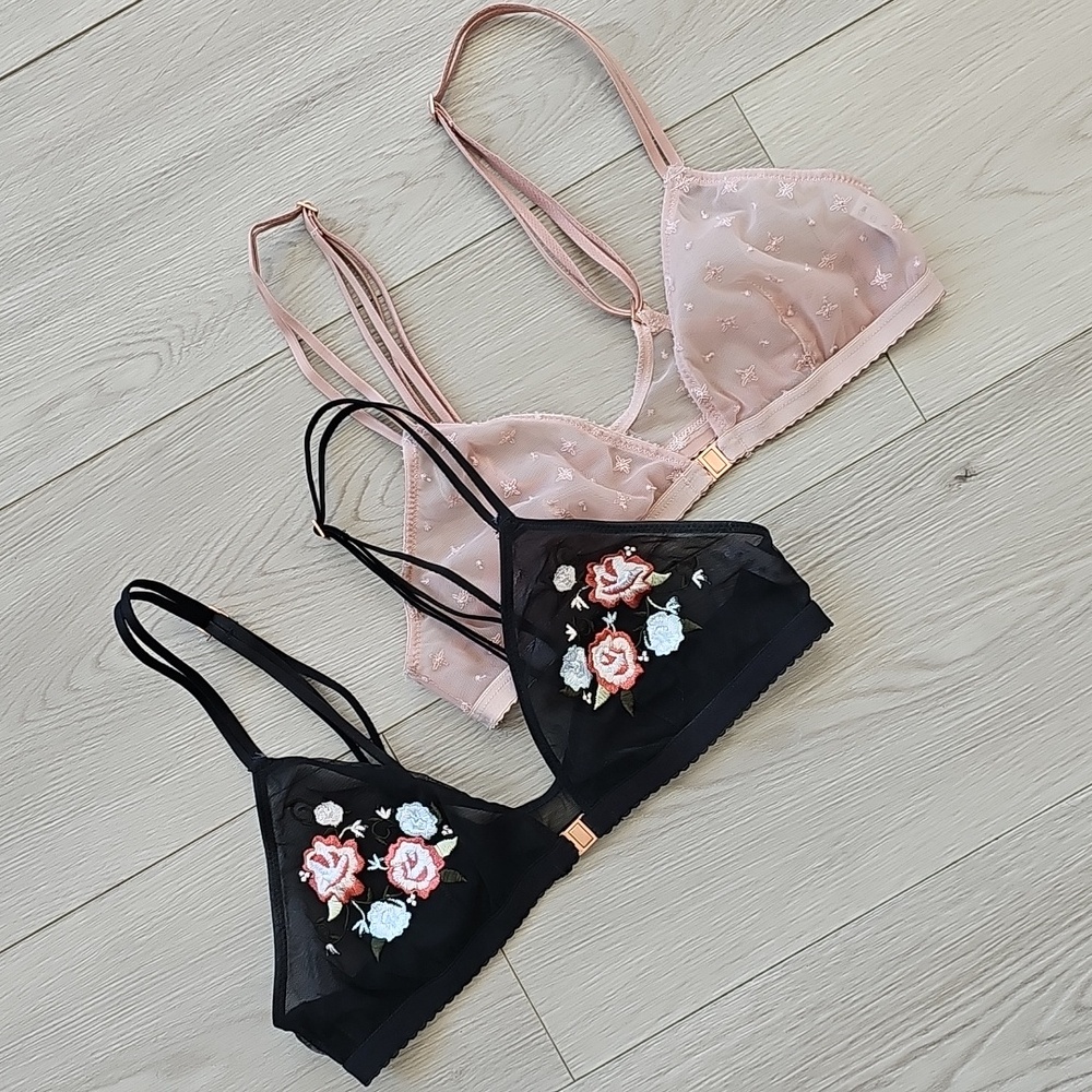 Miiyu Sheer Lace Floral Embroidery Front Closure Bralette Lot Of 2 Bras, XS